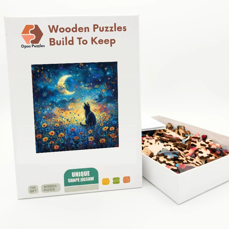 Moonlit Wildflower Cat Wooden Puzzle – packaged wooden puzzle gift box