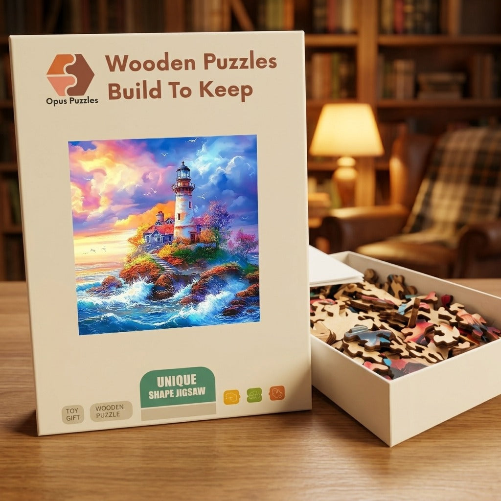 Sunset Coastal Lighthouse Wooden Puzzle – packaged wooden puzzle gift box