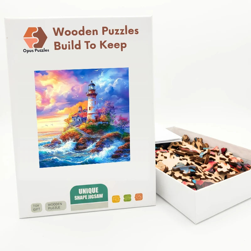 Sunset Coastal Lighthouse Wooden Puzzle – packaged wooden puzzle gift box