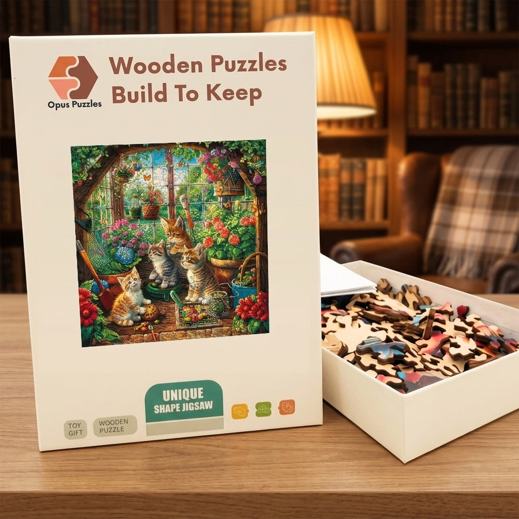 Kittens In The Greenhouse Wooden Puzzle – packaged wooden puzzle gift box