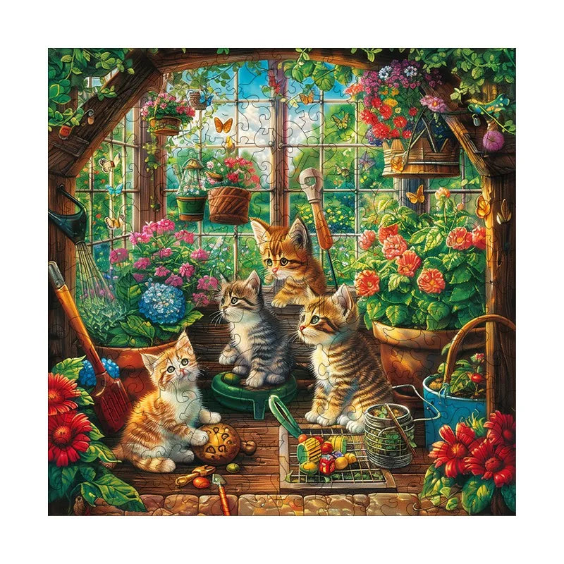Kittens In The Greenhouse round wooden puzzle