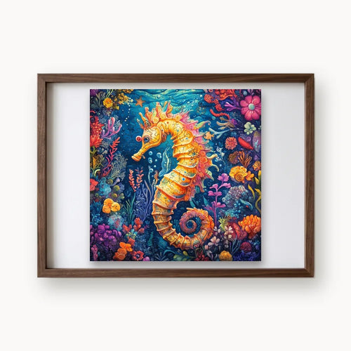 Coral Reef Seahorse, a square whimsy-cut wooden puzzle shown framed as wall art