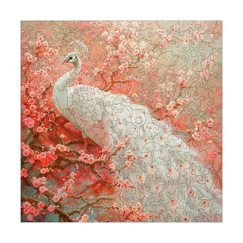 White Peacock Blossoms round wooden puzzle