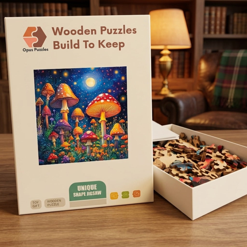 Moonlit Mushroom Grove Wooden Puzzle – packaged wooden puzzle gift box
