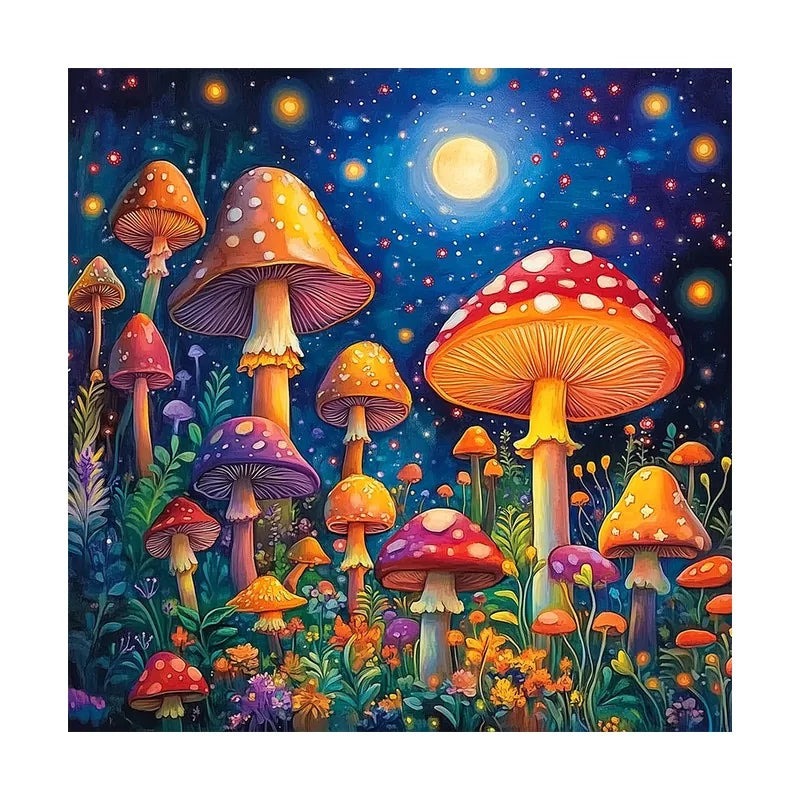 Moonlit Mushroom Grove round wooden puzzle