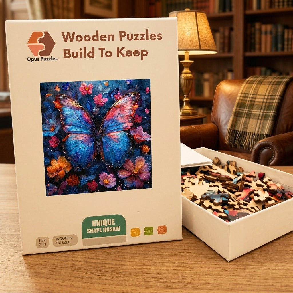 Glowing Blue Butterfly Wooden Puzzle – packaged wooden puzzle gift box