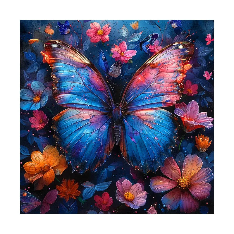 Glowing Blue Butterfly round wooden puzzle