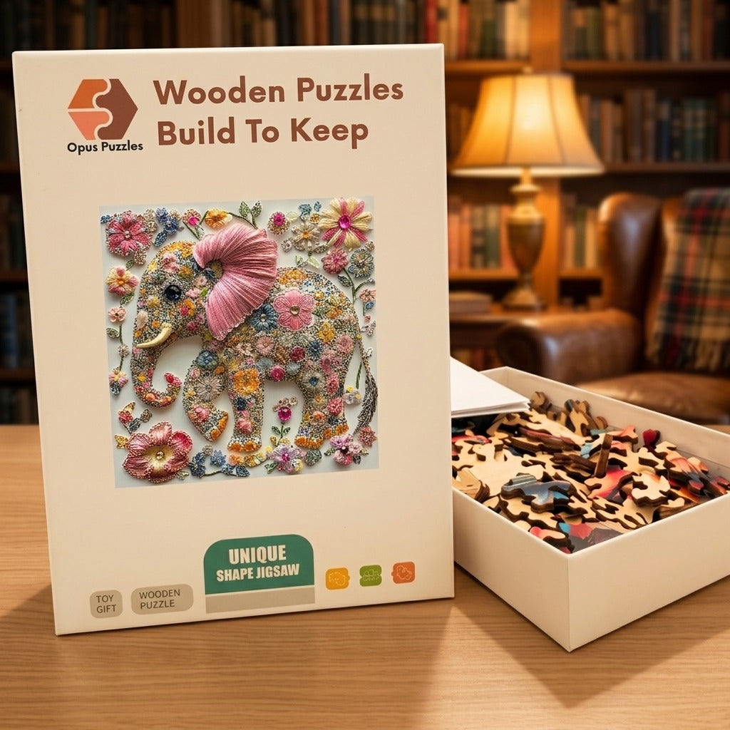 Floral Bead Elephant Wooden Puzzle – packaged wooden puzzle gift box
