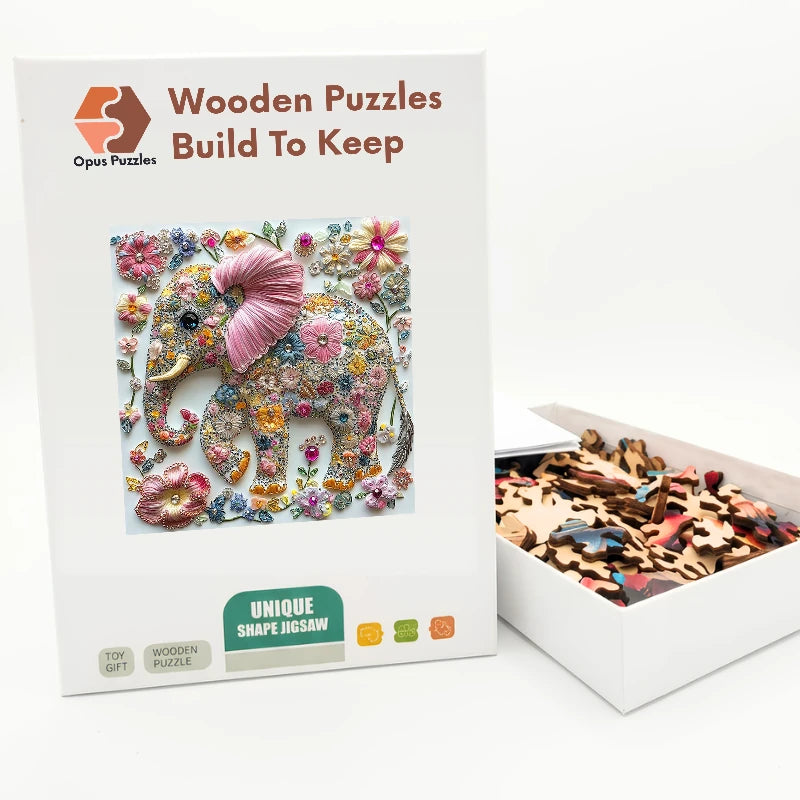 Floral Bead Elephant Wooden Puzzle – packaged wooden puzzle gift box