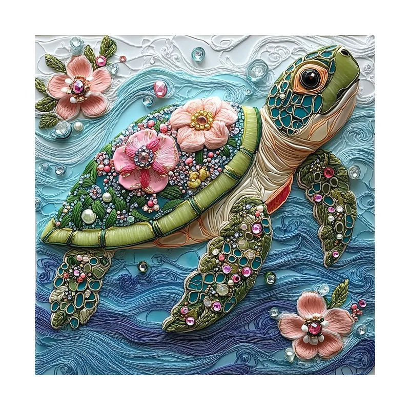 Floral Bead Sea Turtle round wooden puzzle