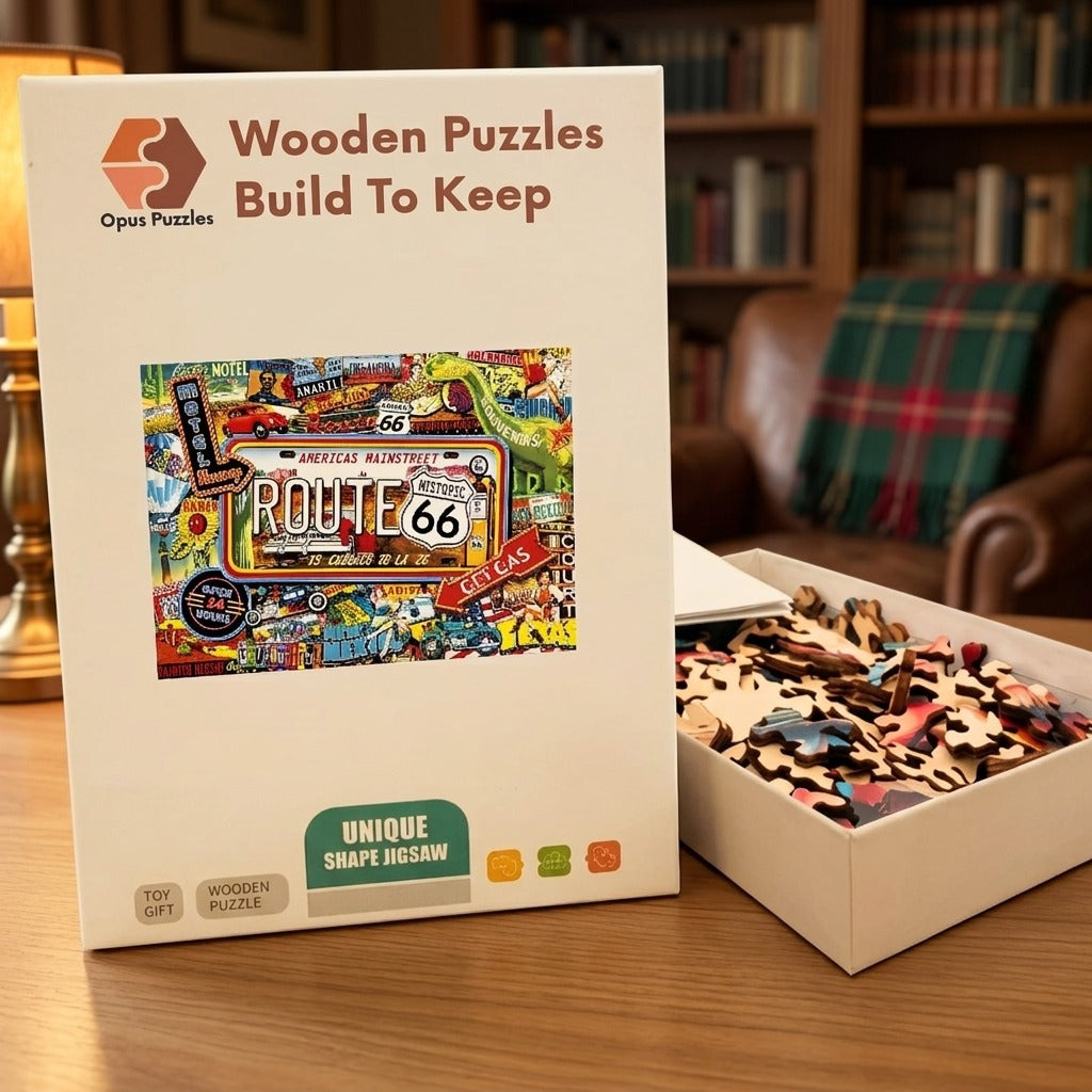 Route 66 Roadside Wooden Puzzle – packaged wooden puzzle gift box