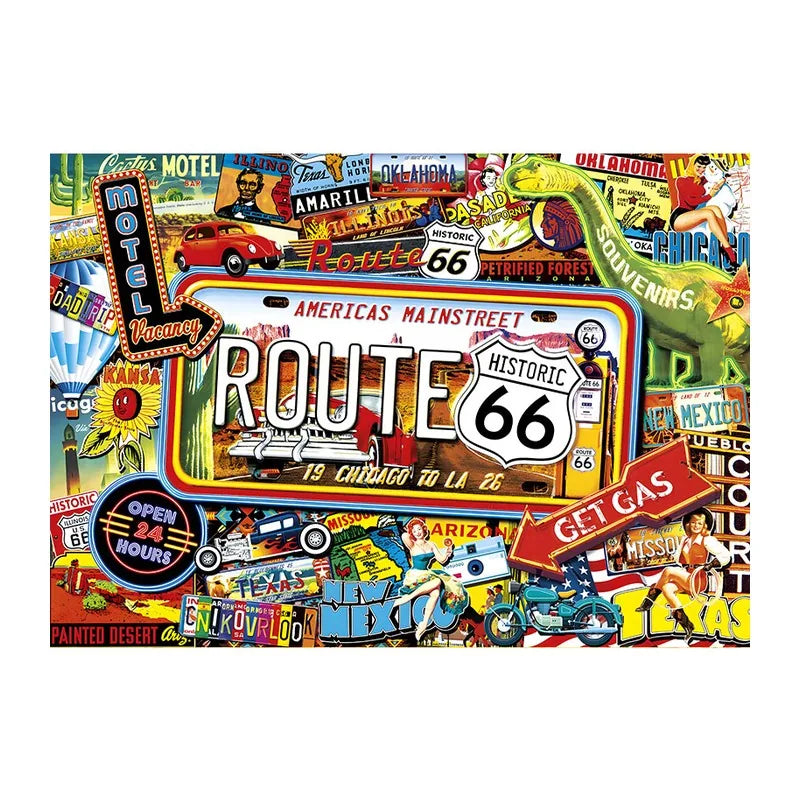 Route 66 Roadside round wooden puzzle