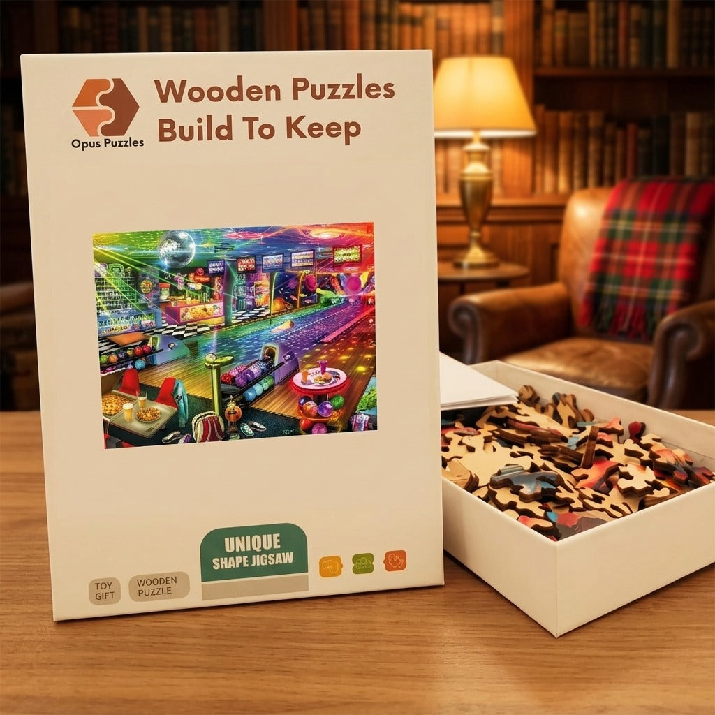 Cosmic Bowling Alley Wooden Puzzle – packaged wooden puzzle gift box