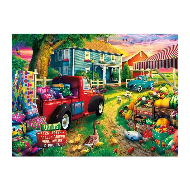 Farm Stand Sunset round wooden puzzle