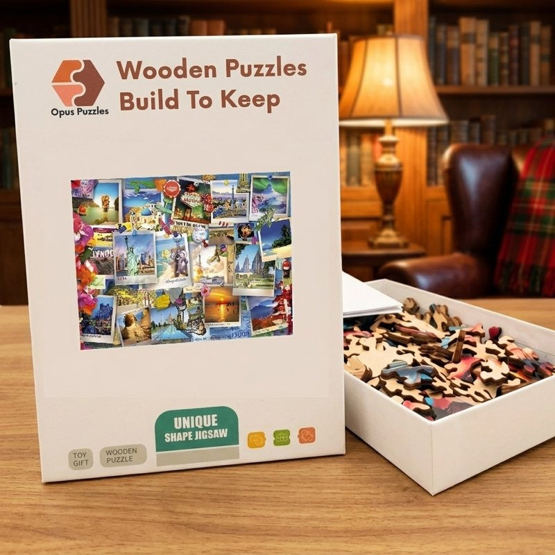 Travel Postcard Collage Wooden Puzzle – packaged wooden puzzle gift box
