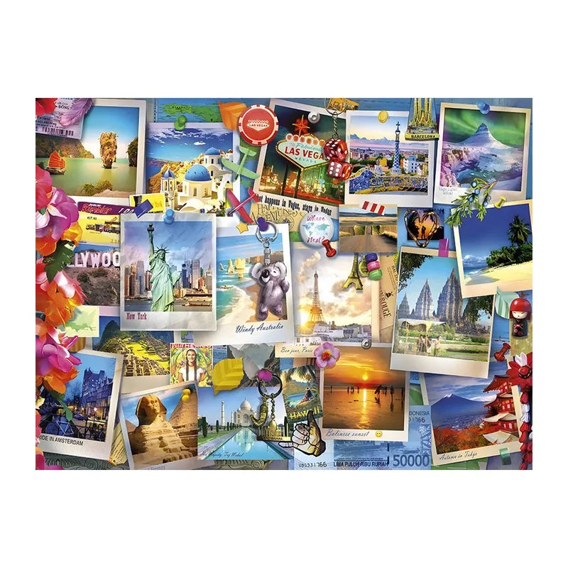Travel Postcard Collage round wooden puzzle