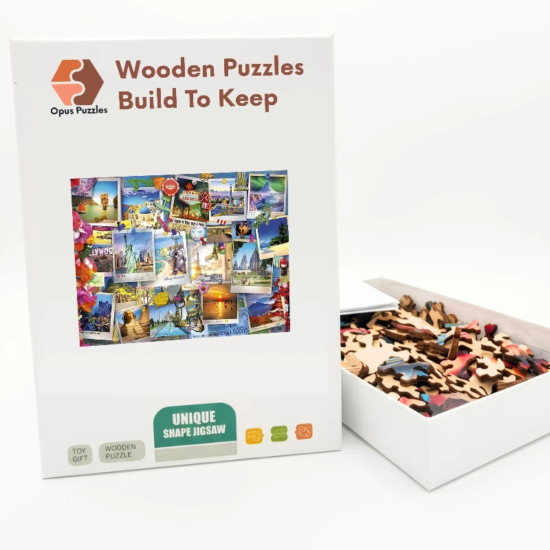 Travel Postcard Collage Wooden Puzzle – packaged wooden puzzle gift box