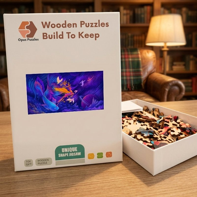 Cosmic Deer And Whale Wooden Puzzle – packaged wooden puzzle gift box