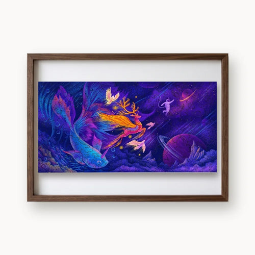 Cosmic Deer And Whale, a rectangular whimsy-cut wooden puzzle shown framed as wall art