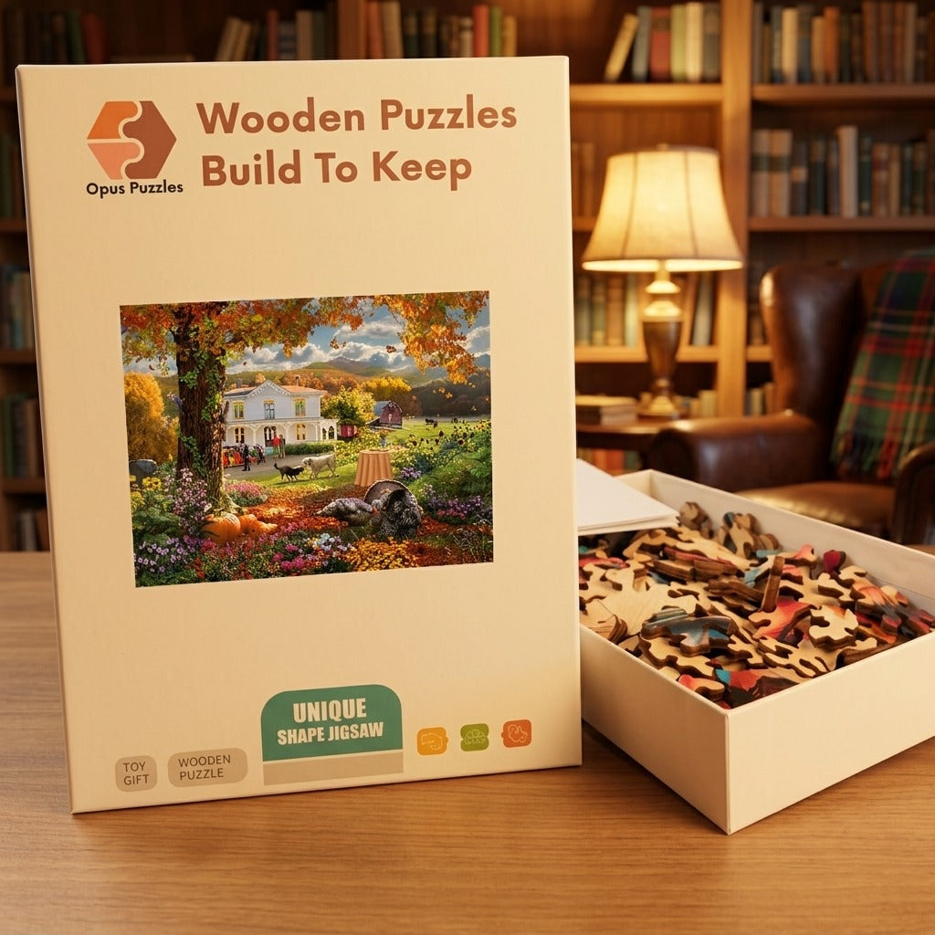 Autumn Farmhouse Welcome Wooden Puzzle – packaged wooden puzzle gift box