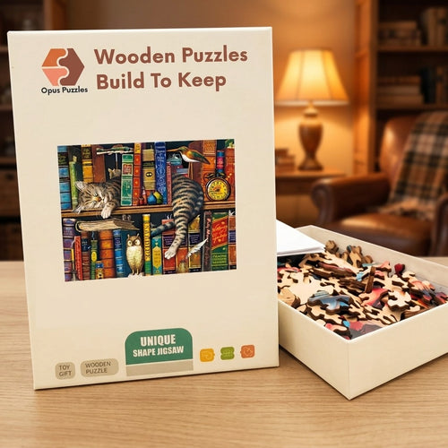 Bookshelf Cat And Owl Wooden Puzzle – packaged wooden puzzle gift box