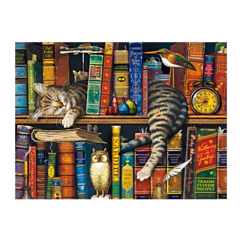 Bookshelf Cat And Owl round wooden puzzle