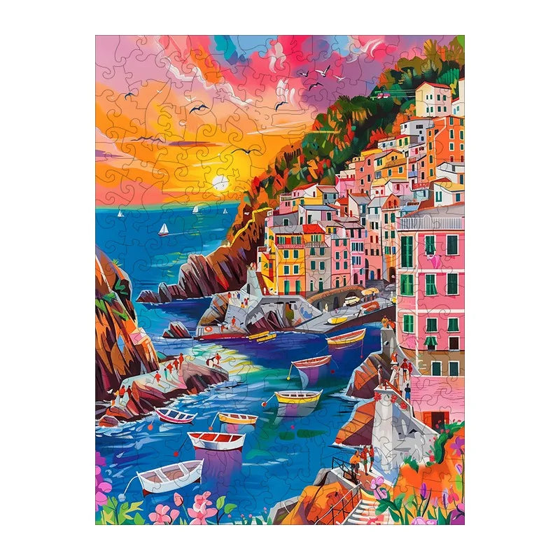 Cinque Terre Sunset round wooden puzzle