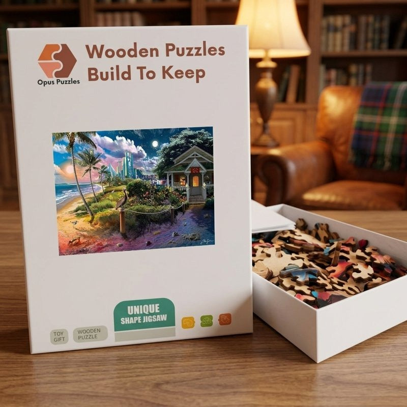 Coast Cottage Skyline Wooden Puzzle – packaged wooden puzzle gift box