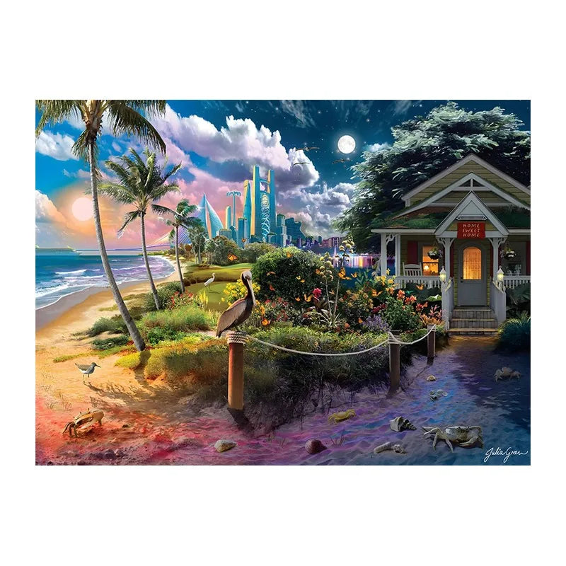 Coast Cottage Skyline round wooden puzzle