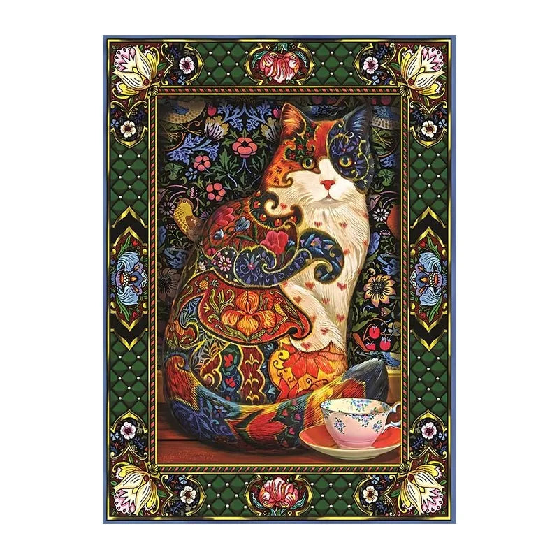 Tapestry Cat And Teacup round wooden puzzle