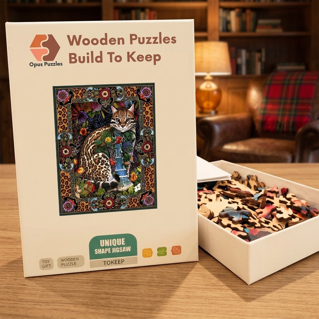 Ocelot In Folk Frame Wooden Puzzle – packaged wooden puzzle gift box