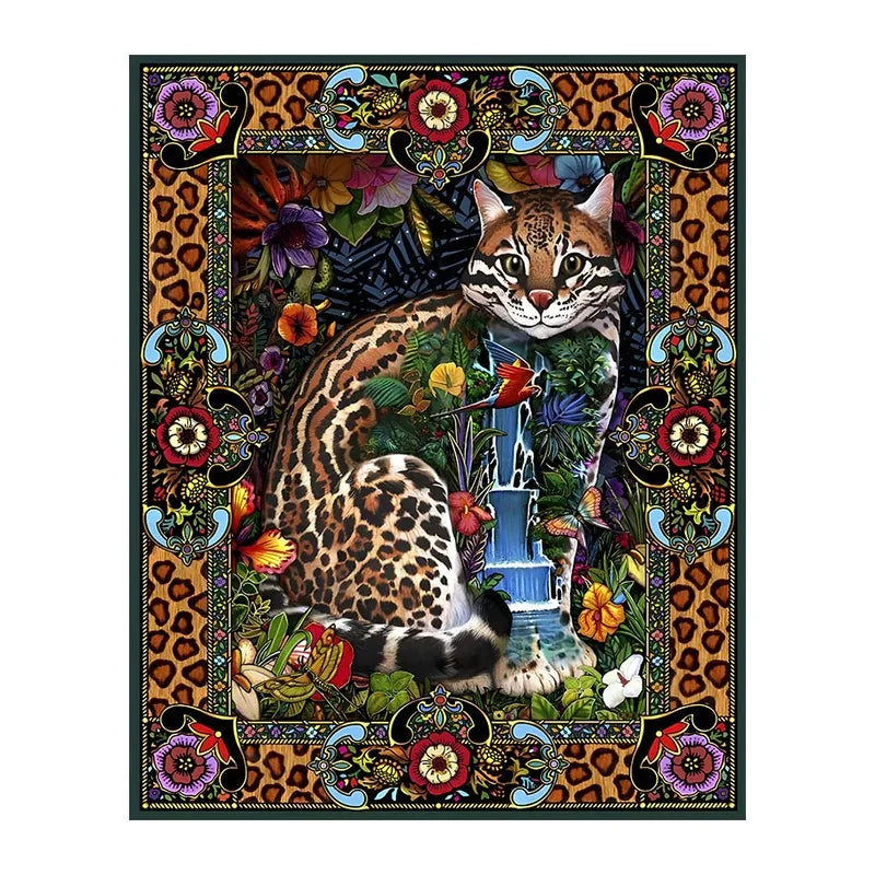Ocelot In Folk Frame round wooden puzzle