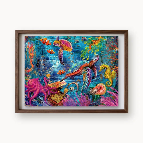 Coral Reef Sea Turtles, a rectangular whimsy-cut wooden puzzle shown framed as wall art