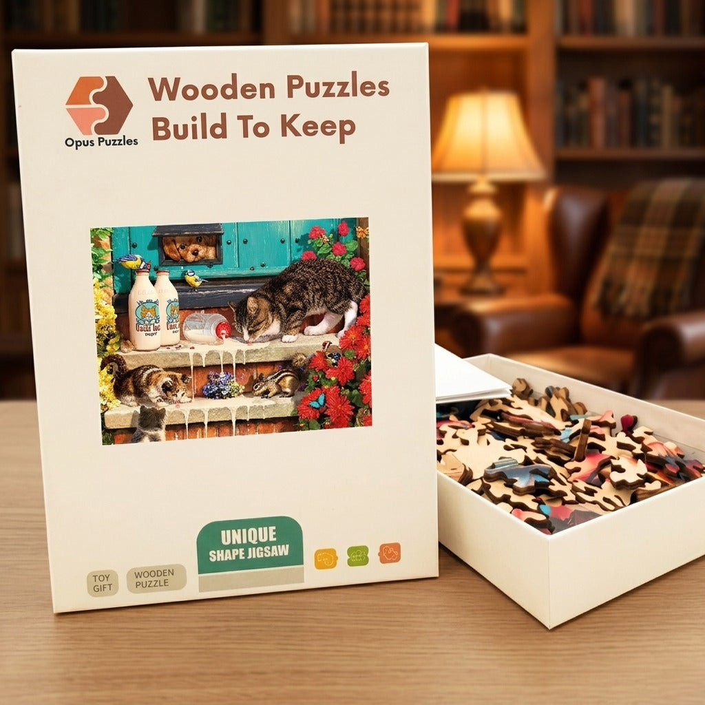 Milk Spill On The Porch Wooden Puzzle – packaged wooden puzzle gift box