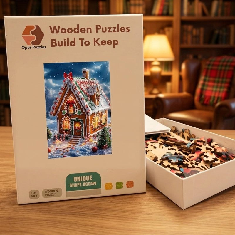 Gingerbread Cottage Snow Wooden Puzzle – packaged wooden puzzle gift box