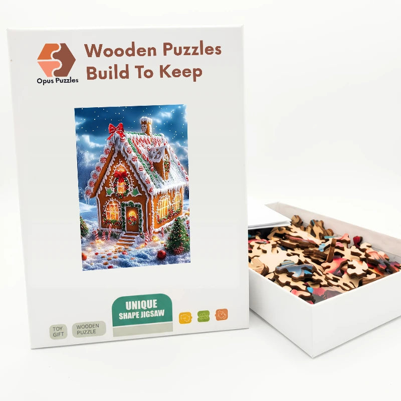 Gingerbread Cottage Snow Wooden Puzzle – packaged wooden puzzle gift box
