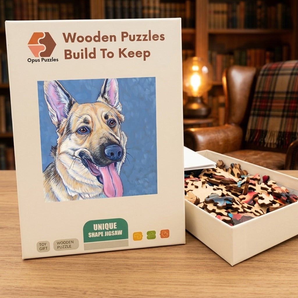 German Shepherd Portrait Wooden Puzzle – packaged wooden puzzle gift box