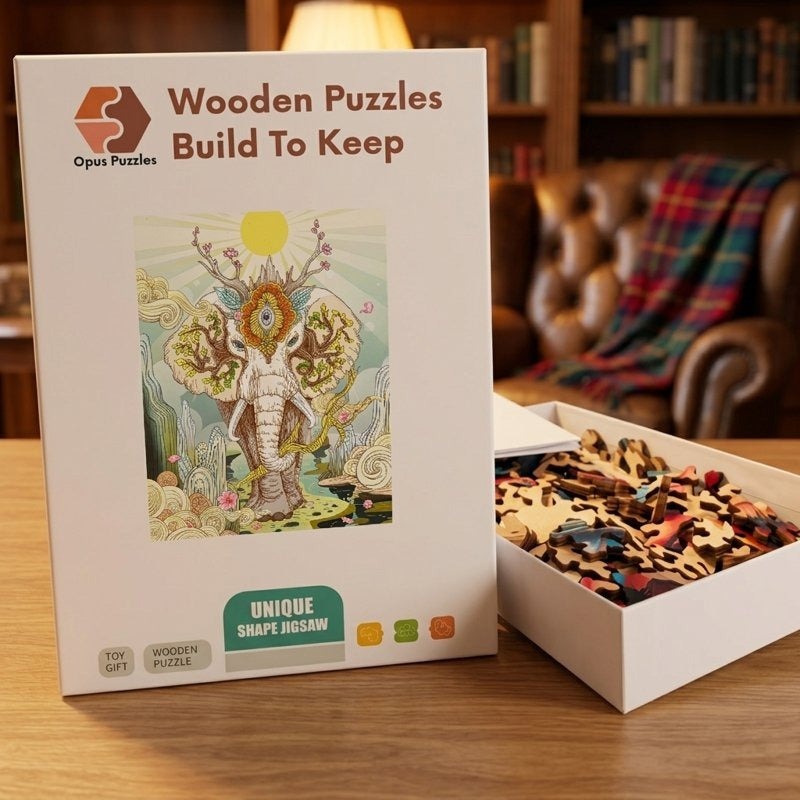 Mystic Elephant Sun Wooden Puzzle – packaged wooden puzzle gift box