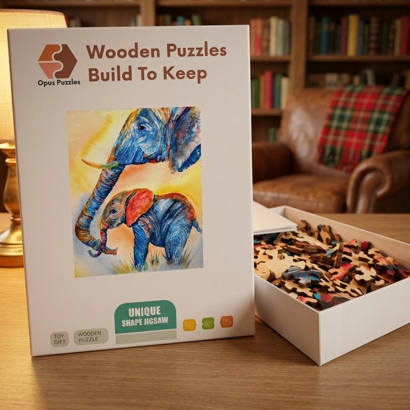 Watercolor Elephant Pair Wooden Puzzle – packaged wooden puzzle gift box