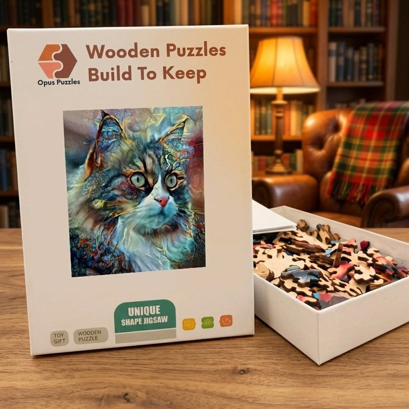 Mosaic Maine Coon Wooden Puzzle – packaged wooden puzzle gift box