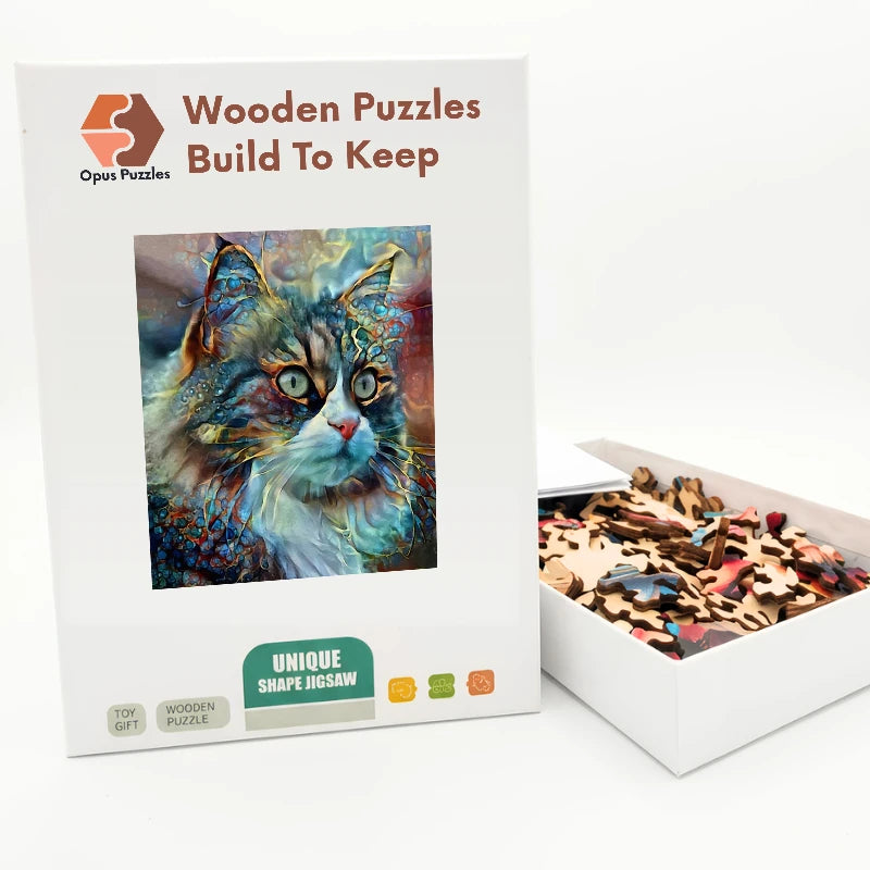 Mosaic Maine Coon Wooden Puzzle – packaged wooden puzzle gift box