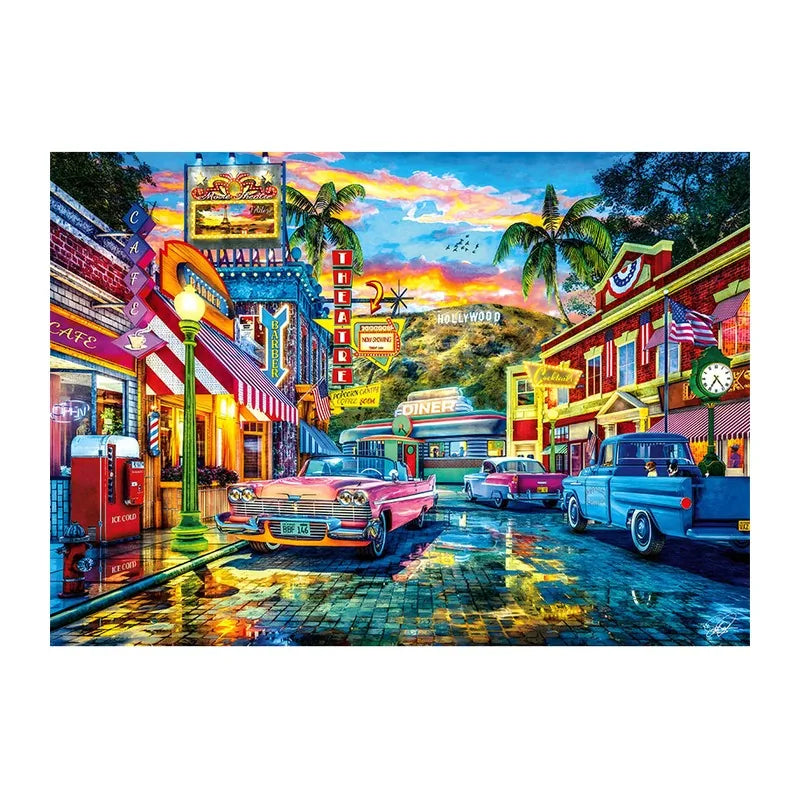 Hollywood Diner Sunset round wooden puzzle
