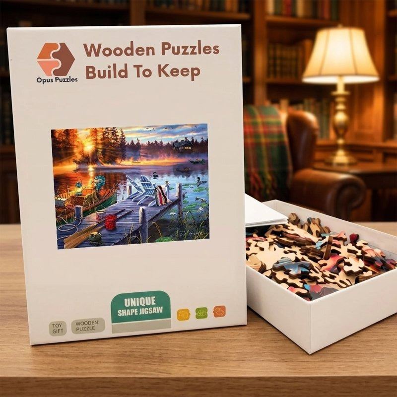 Lake Cabin Sunrise Wooden Puzzle – packaged wooden puzzle gift box