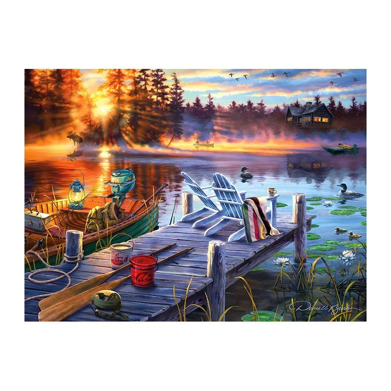 Lake Cabin Sunrise round wooden puzzle