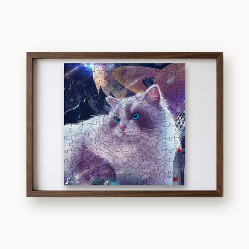 Cosmic Space Cat, a rectangular whimsy-cut wooden puzzle shown framed as wall art