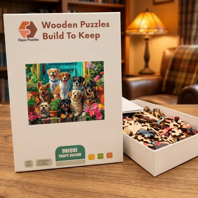 Puppy Doorstep Garden Wooden Puzzle – packaged wooden puzzle gift box