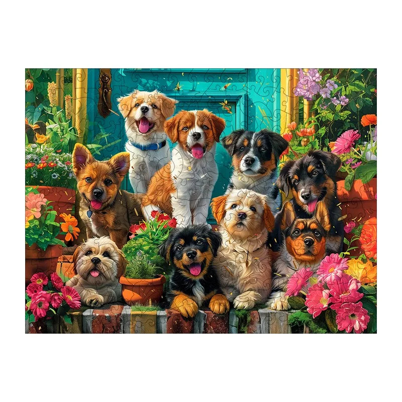 Puppy Doorstep Garden round wooden puzzle