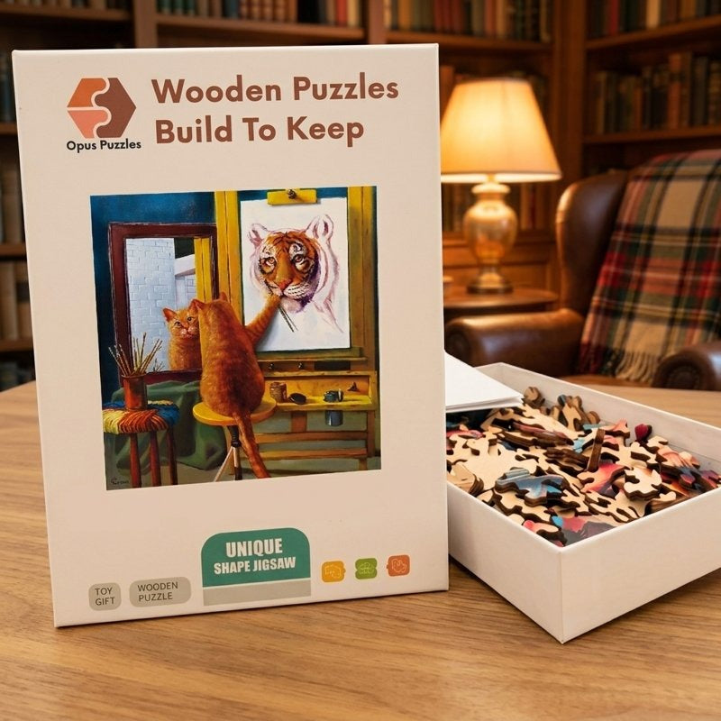 Tiger Painter Cat Wooden Puzzle – packaged wooden puzzle gift box