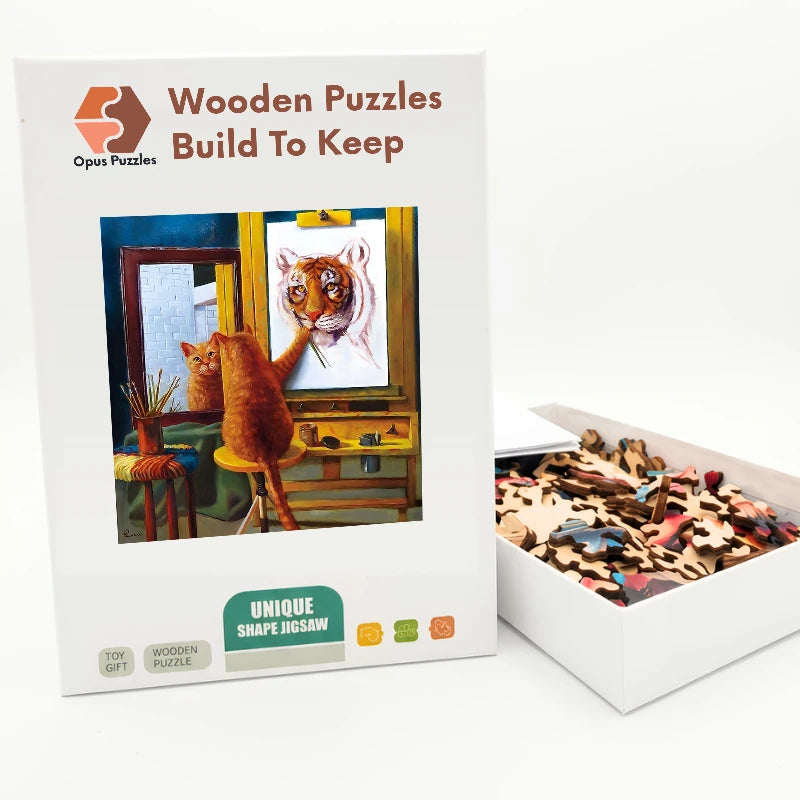 Tiger Painter Cat Wooden Puzzle – packaged wooden puzzle gift box