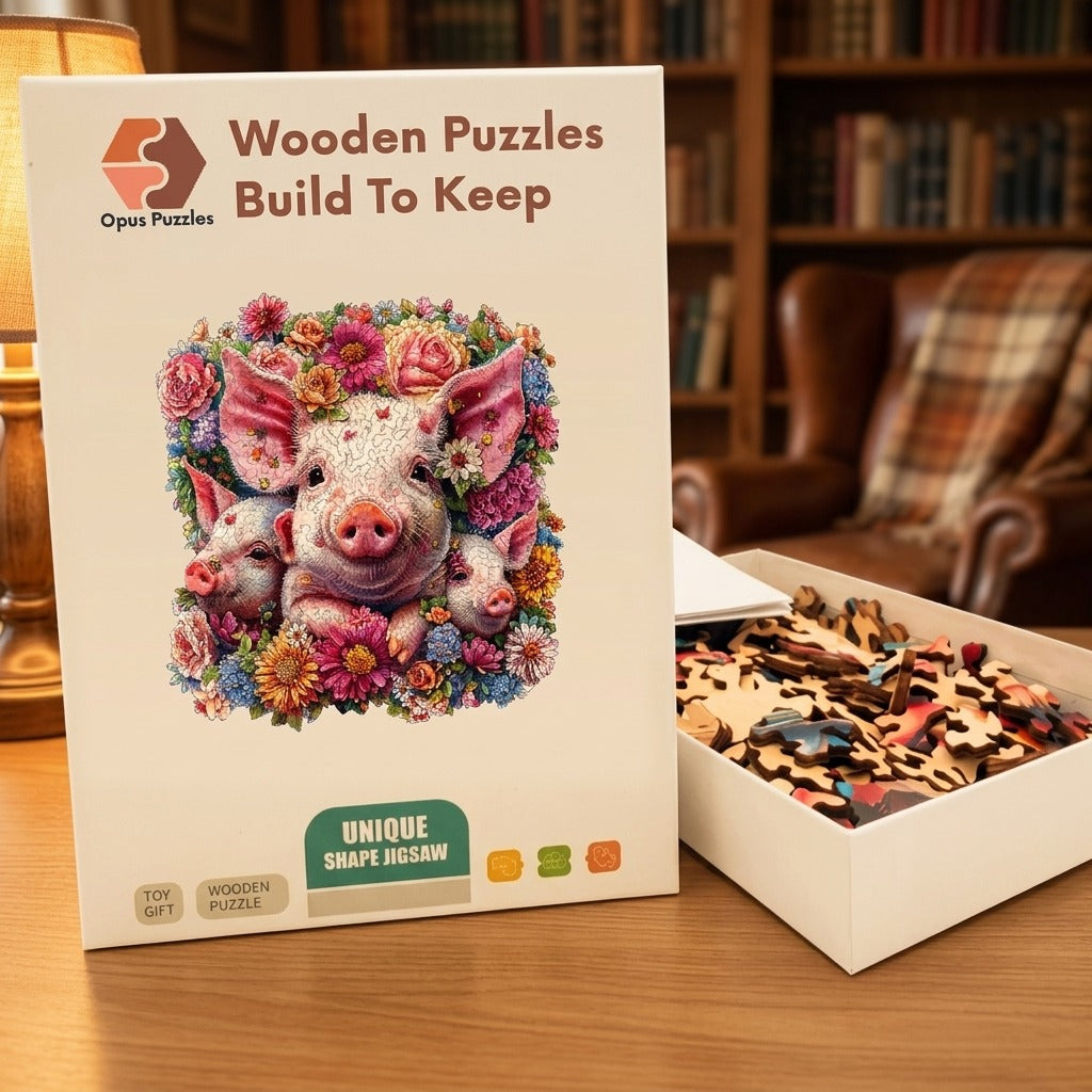 Three Pigs In Bloom Wooden Puzzle – packaged wooden puzzle gift box